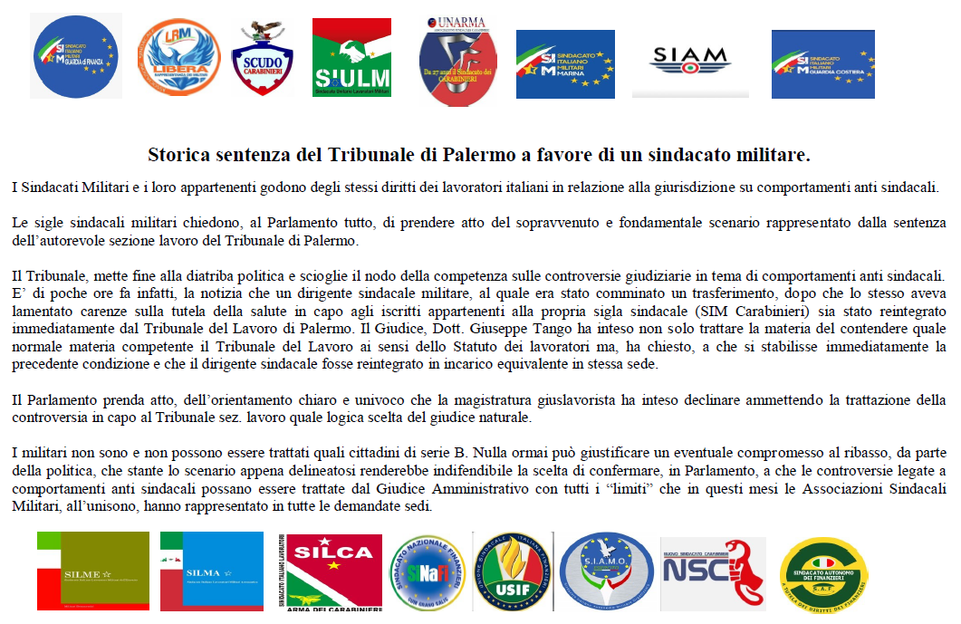 Storica sentenza del Tribunale di Palermo a favore di un sindacato militare.