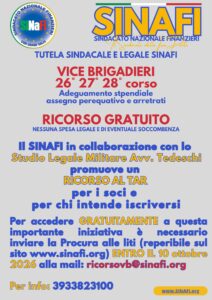 AVVISO per i Vicebrigadieri – RICORSO GRATUITO per l’adeguamento stipendiale e la corresponsione dell’assegno perequativo e degli arretrati.